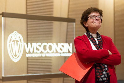 University of Wisconsin-Madison Chancellor, Rebecca Blank, stands proudly and confident as the ribbon cutting ceremony gets underway for the UW’s new Hamel Music Center © 2020 Jason Houge, All Rights Reserved
